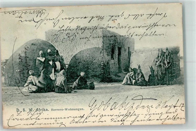 13521751 - Eingeborene Herrero vor ihren Huetten Kolonien Deutsch Suedwestafrika