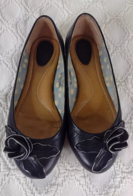 Fossil Ballet Flats Size 7 Black Leather Toe Flower Rose Dainty