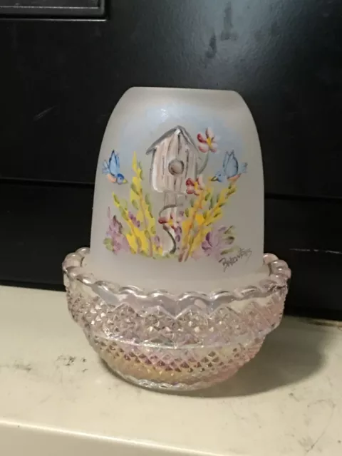 Signed Mosser Fairy Lamp Pink Iridescent Bottom with Hand Painted Frosted Top