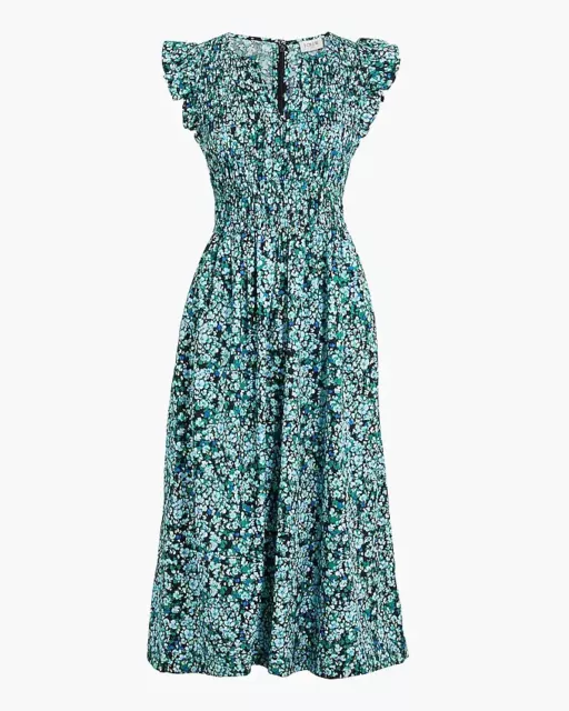 $129 J. Crew Cotton Blend Poplin Smocked Flutter-Sleeve Floral Midi Dress 2Xl