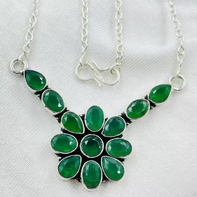 925 Sterling Silver Green Emerald Gemstone Handmade Jewelry Necklace