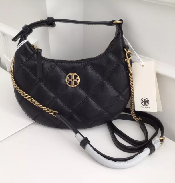 NWT Tory Burch Willa Crossbody Mini Crescent Leather Bag-Black-New In Package