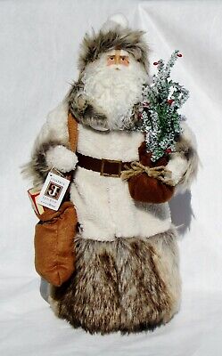 Nwt 17" Tall Rustic Santa Decorative Christmas Figure Fur Coat, Toy Sack, & Tree