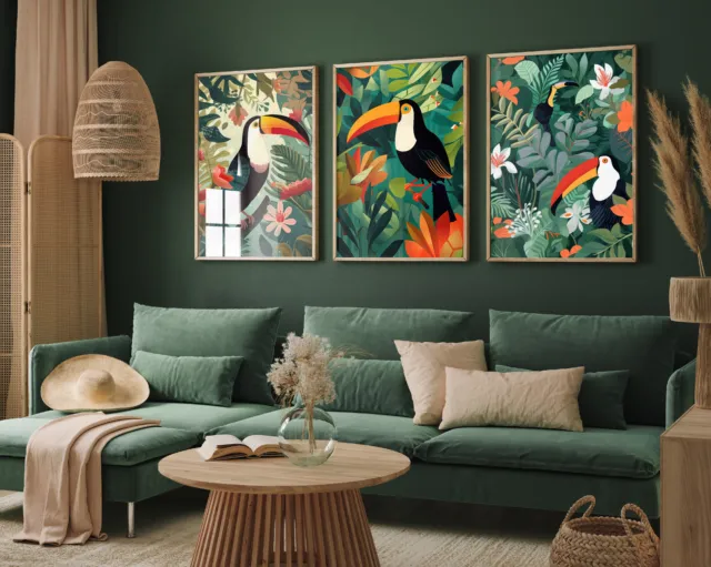 The Botanical Room Set of Three Art Print Poster Painting Toucan Colourful