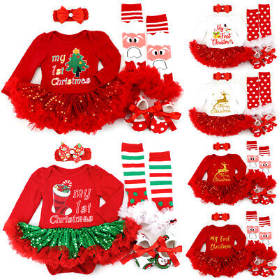 Toddler Baby Girls My 1st First Christmas Tutu Dress 4Pcs Outfits Set Xmas Gifts