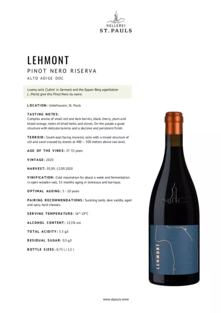 Lehmont Pinot Nero Riserva Alto Adige DOC St. Pauls MAGNUM 1,5 litri 2