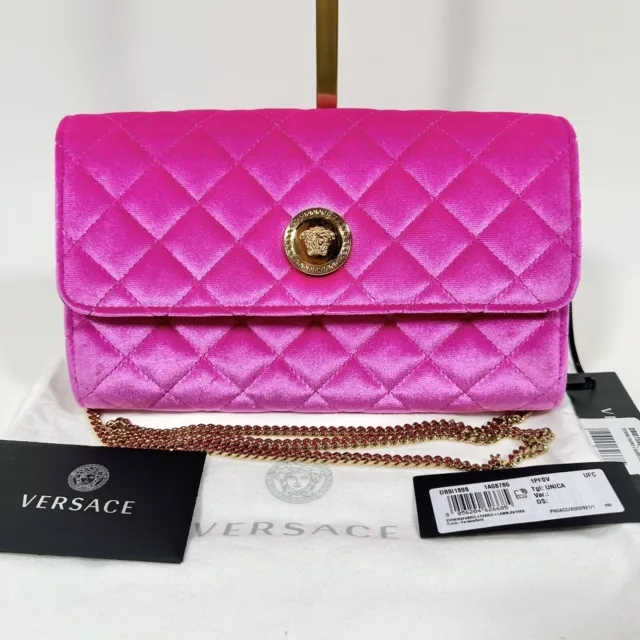 Versace La Medusa Velvet Quilted  Leather Wallet On Chain Clutch Fuchsia NWT