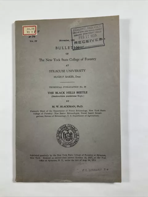 1931 New York State College Forestry Syracuse University Black Hills Beetle Book