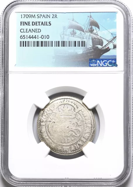 COLONIAL ERA SPAIN. Charles of Austria, Silver 2 Reales, 1709, NGC Fine Details