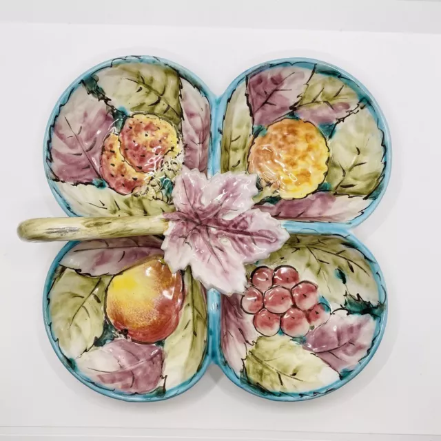 Italian Ceramic Pottery 4 Section Serving Dish Fruits & Leaves Design - Signed