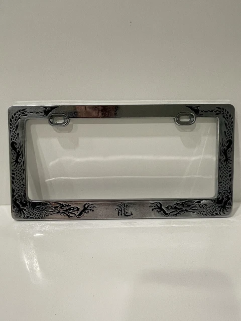 VTG Engraved Chinese Symbol Fire Breathing Dragon License Plate Frame Chrome