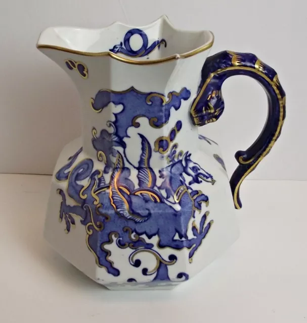 ANTIQUE Masons Ironstone Hydra Jug Pitcher Chinese Dragon Blue with Gold 1880s