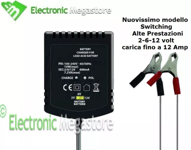 Carica Batteria Al Piombo 2V / 6V / 12V Con Protezione Corto Ed Inversione Poli