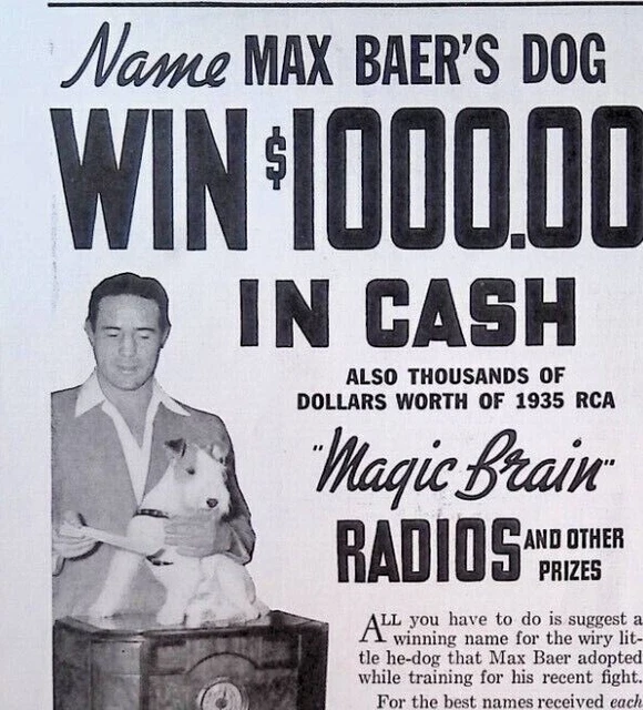 1935 Gillette Blue Blades Razors Name Boxer Max Baer's Dog Original Print Ad