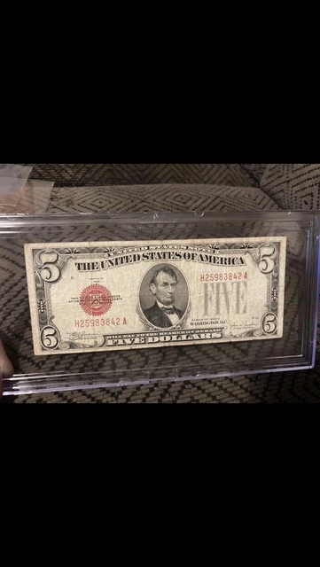 1928 Five Dollar Bill $5 United States Note Red Seal Encapsulated Fine/XF Cond.