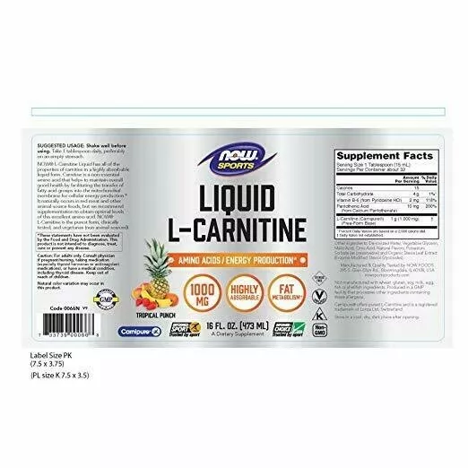 NUEVO Now Sports L-Carnitina 1000 mg Tropical Punch Suplemento de aminoácidos 16 oz 2