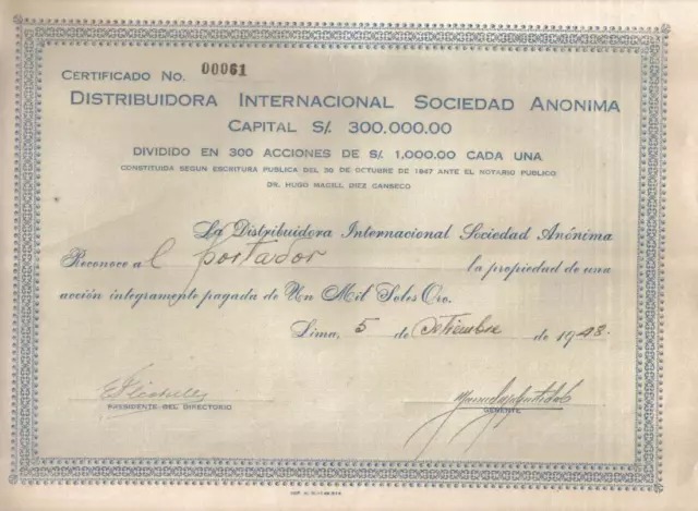 Peru 1948 International Distributor Distribuidora 1000 soles oro Uncancelled