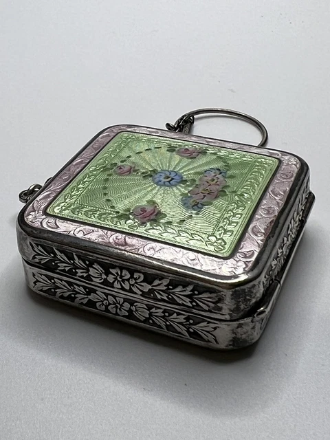 Antique Sterling Silver GUILLOCHE ENAMEL Pink ROSES MAKEUP ROUGE POWDER COMPACT