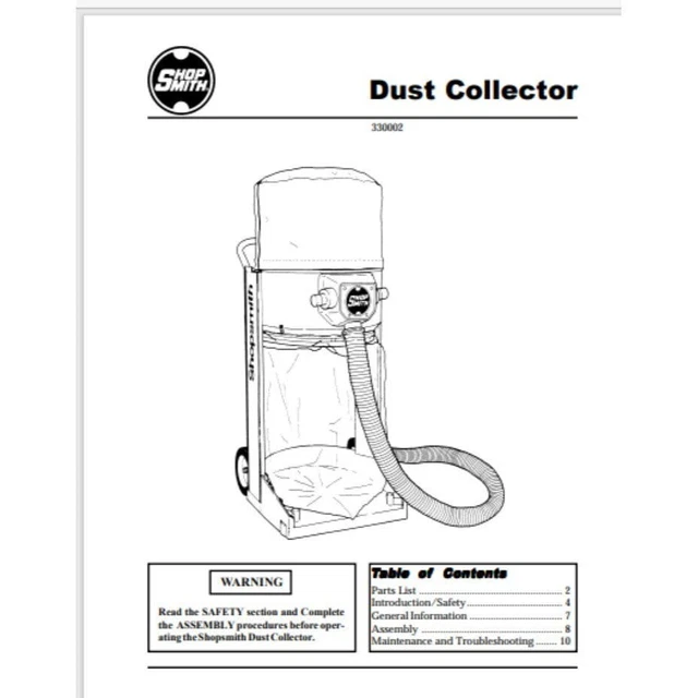 SHOPSMITH DUST COLLECTOR owner & parts manual 330002 12 pages comb