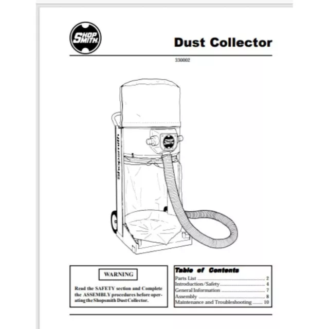 Shopsmith Dust Collector owner & parts manual # 330002 12 pages comb bound