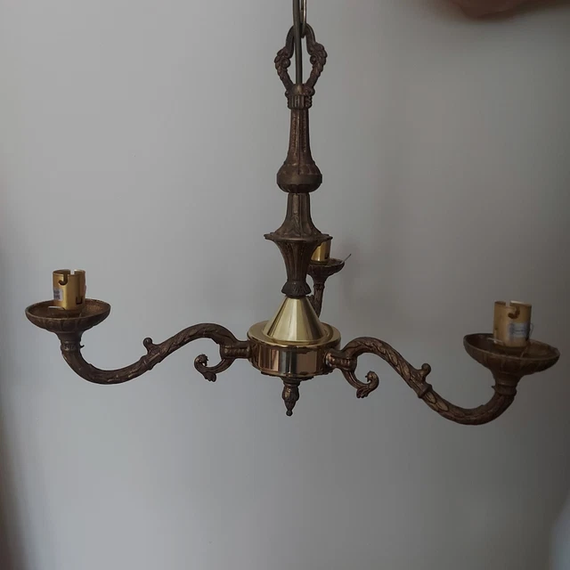 Vintage Antique Brass 3 Arm Ceiling Light Chandelier Candelabra Ring Lighting