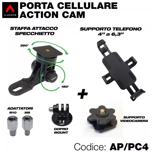 Porta cellulare o action cam con attacco a specchietto mono snodo