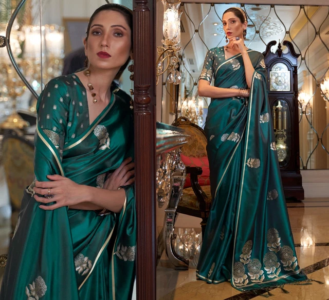 Poison Green Pure Satin Weaving Sona Rupa Zari Butti Sarees