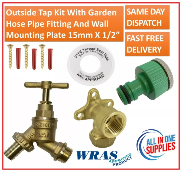 Outside Tap Kit With Garden Hose Pipe Fitting And Wall Mounting Plate 15mm X 1/2