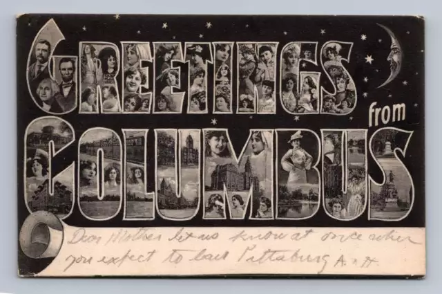 Greetings from COLUMBUS Ohio Large Letter Antique Postcard UDB 1908