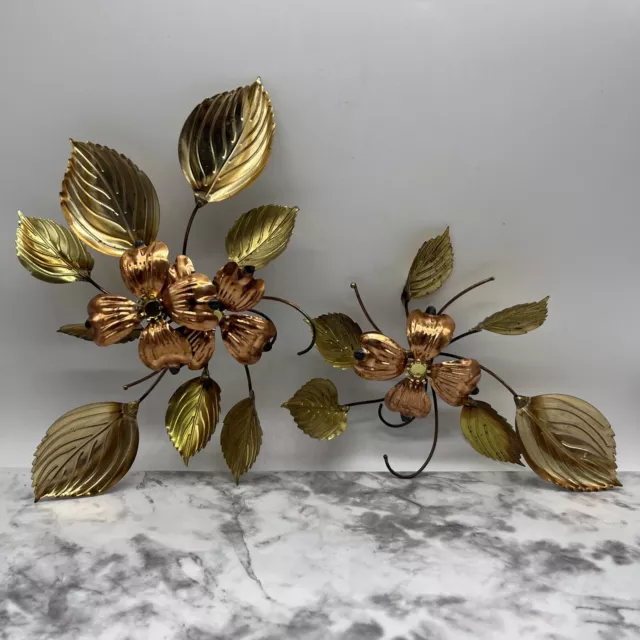 Vintage Set of 2 Home Interior Homco Brass Metal Wall Art Dogwood Flower 3D MCM