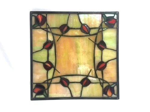 QUOIZEL Leaded Stained Glass Window Panel 10” x 10” Signed Mint Arts & Crafts