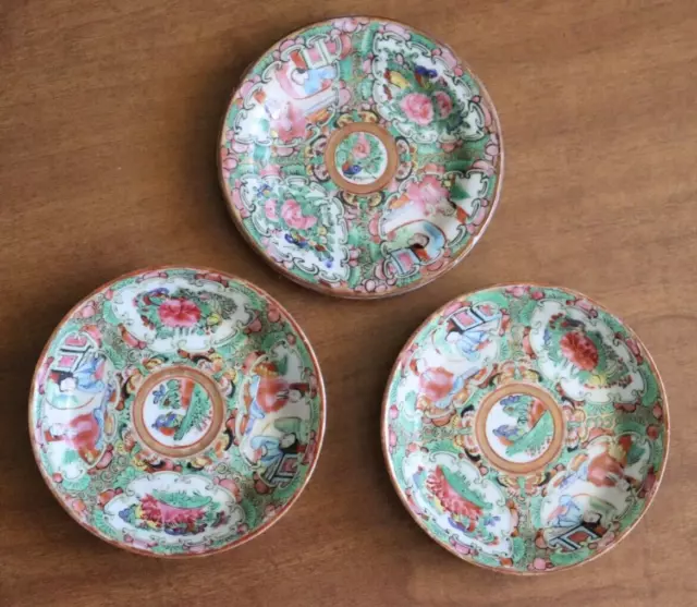 3 Antique Chinese Porcelain Famille Rose Medallion Soy Sauce Dish Plates Bowls