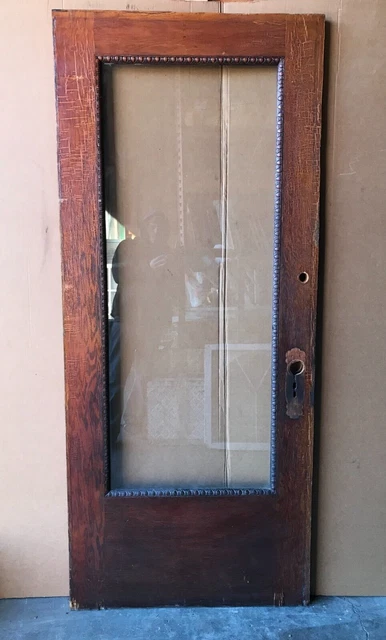1 Antique Exterior 36x84 Hardwood Oak Single Pane Glass Door VTG Old 293-23B