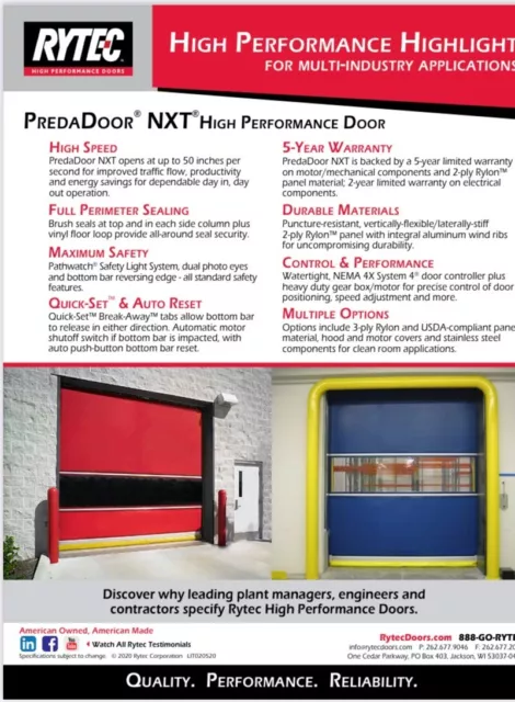 Rytec PredaDoor NXT, Powered High Speed door 96" wide 108" tall NEW 208V or 460V