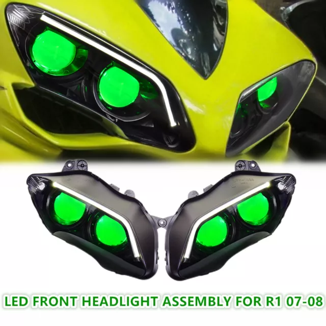 KT Headlight Assembly LED & HID Projector for Yamaha R1 07-08 Green Demon Eye