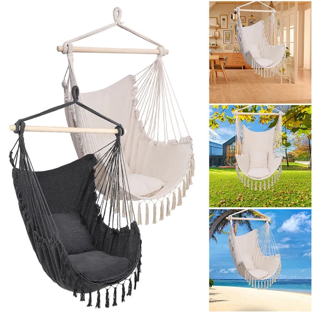 Indoor/Outdoor Tassel Hammock Chair Hanging Rope Swing Seat with 2 Cushions