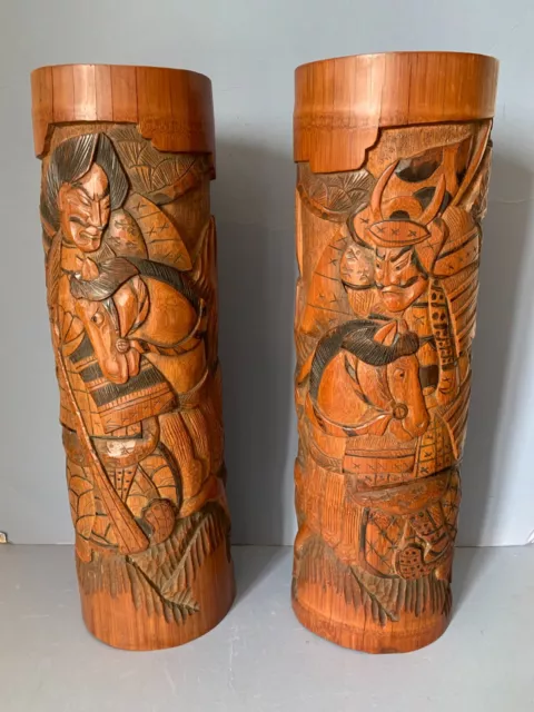 Large Impressive Pair of Late 19th/Early 20th Century Carved Bamboo Brush Pots