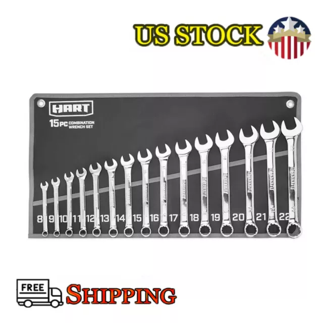 15-Piece MM Combination Wrench Set with Tool Pouch Chrome Finish Sizes 8-22 mm