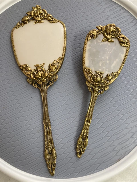 Vintage 1950’s Globe 24k Gold Plated Dressing Vanity Hand Held Mirror & Brush