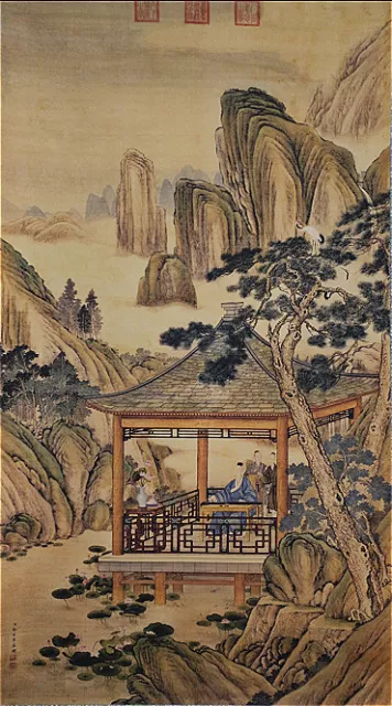 Excellent Chinese Hanging Painting & Scroll “弘历观荷抚琴图” By Lang Shining 郎世宁 BL99