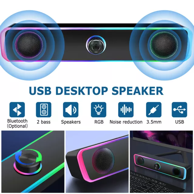 Fishcovers Bluetooth Computer Speakers, PC Gaming Speaker Soundbar, Wired  USB Powered Monitor Speaker, Colorful RGB Lights with Switch Button, 10W