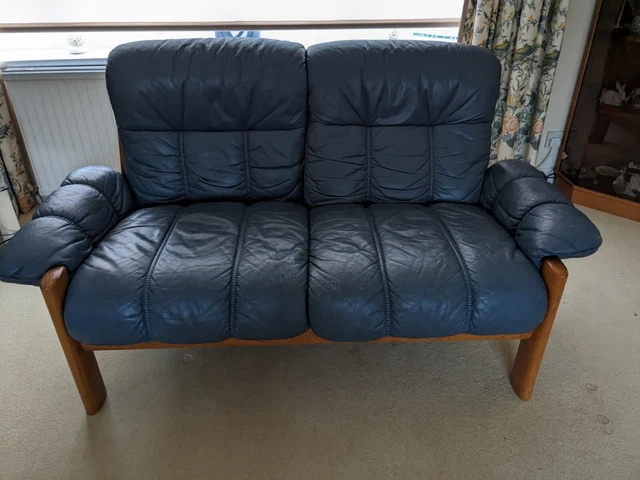 Ekornes Stressless Teak Blue Leather Two-Seater Sofa