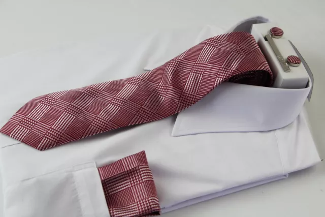 Mens Red And White Houndstooth Checkered Matching Neck Tie, Pocket Square, Cuff