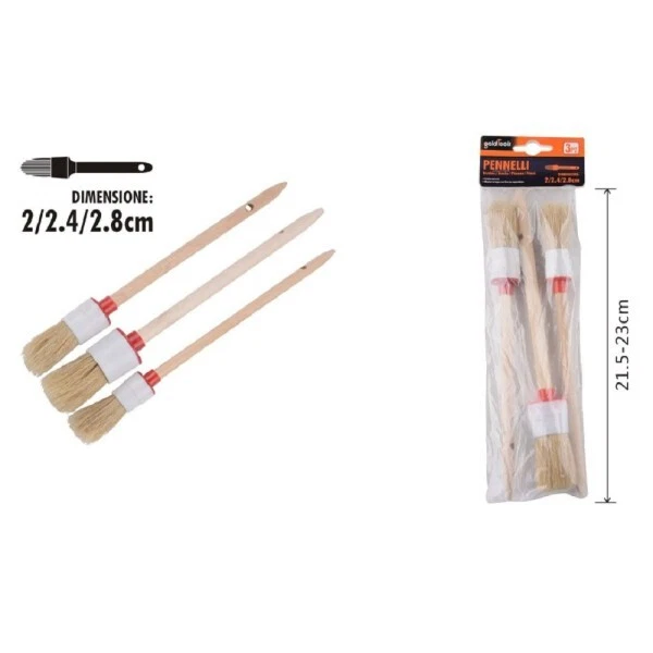 Set 3 Pennelli A Testa Tonda Setole Naturali Per Pittura Varie Dimensioni 90299