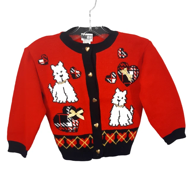 Vintage Toddler Size 6 Red Knit Dog Puppy Sweater Cardigan Heart Button Jet Set