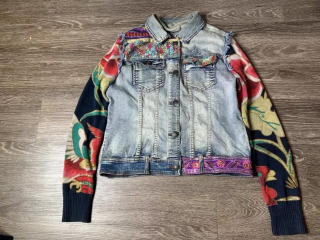 Desigual Bohemian Denim Woven Jacket Women’s Multicolor Button Up Causal Hippy