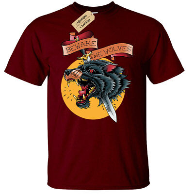 Beware The Wolves T-Shirt Mens wolf tattoo dagger sword cool art