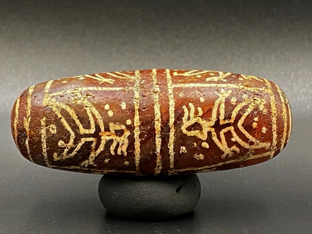 Old Ancient Antique Indo Tibetan Etched Carnelian with Figures painted Rare Bead