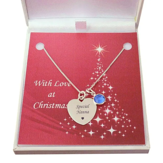 Sterling Silver Birthstone Necklace with Engraving on heart, Christmas Gift Box