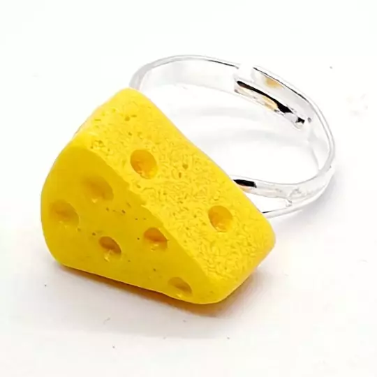 Handmade CHEESE WEDGE RING miniature food FAB adjustable GIFT BOX holey CHEESE